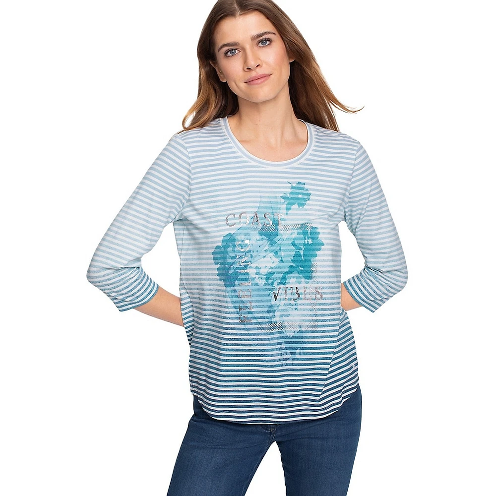 Striped Graphic Three-Quarter Sleeve T-Shirt