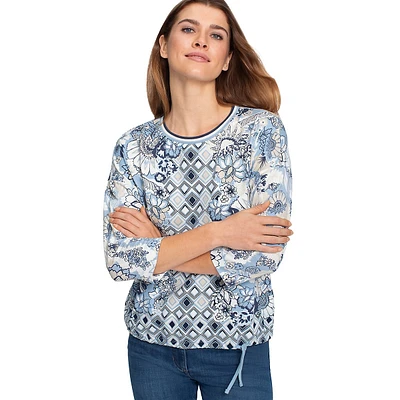 Mixed-Pattern Three-Quarter Sleeve Drawstring T-Shirt