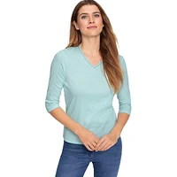 Sparkle-Trimmed V-Neck Three-Quarter Sleeve T-Shirt