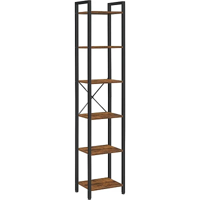 6-tier Tall Narrow Bookshelf Bookcase With Steel Frame And Rustic Industrial Look
