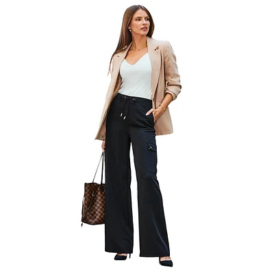 Black Wide Leg Cargo Trousers With Pocket Detail