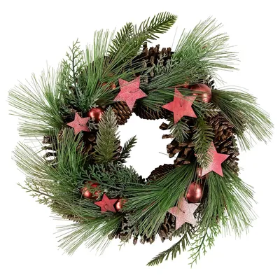Red And Green Pine Needle, Pinecone And Star Christmas Wreath, 13.5-inch, Unlit