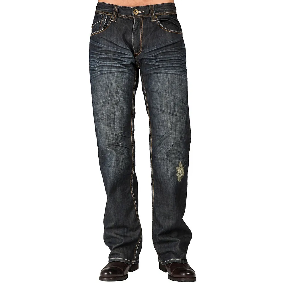 Men's Relaxed Bootcut Premium Denim Jeans Vintage Dark Hand Rub Whiskering
