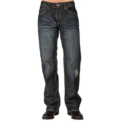 Men's Relaxed Bootcut Premium Denim Jeans Vintage Dark Hand Rub Whiskering