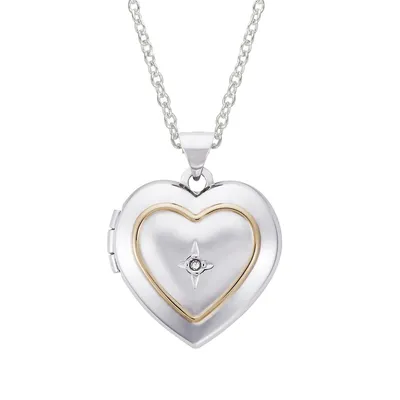 Sterling Silver 18" Heart Engraved Locket With Diamond Accent Necklace 18mm