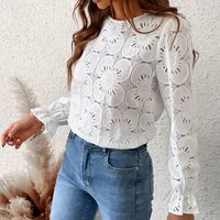 Women's Long Sleeve Embroidered Floral Eyelet Blouse Shirt