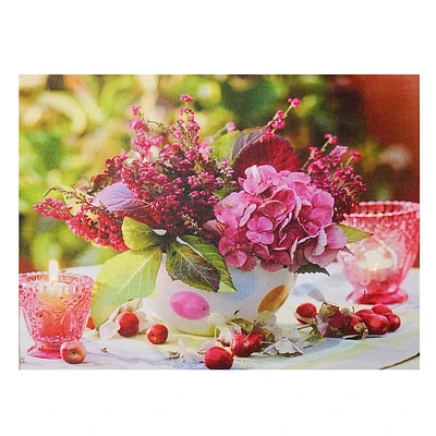 Led Lighted Candles And Pink Floral Arrangement With Berries Canvas Wall Art 11.75" X 15.75"