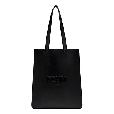 Roma Embossed Logo Black Calf Leather Large Shopping Tote Bag