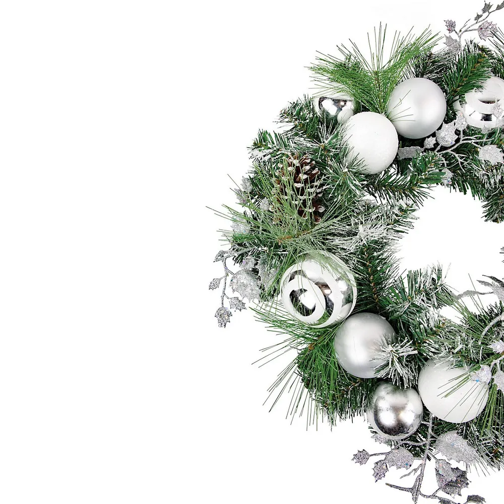 Green Pine Needle Wreath With Pinecones And Christmas Ornaments, 24-inch, Unlit