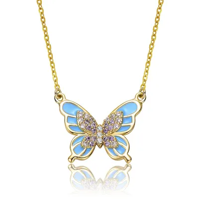 Young Adults/teens 14k Yellow Gold Plated With Shades Of Amethyst Cubic Zirconia Blue Enamel Butterfly Pendant Necklace