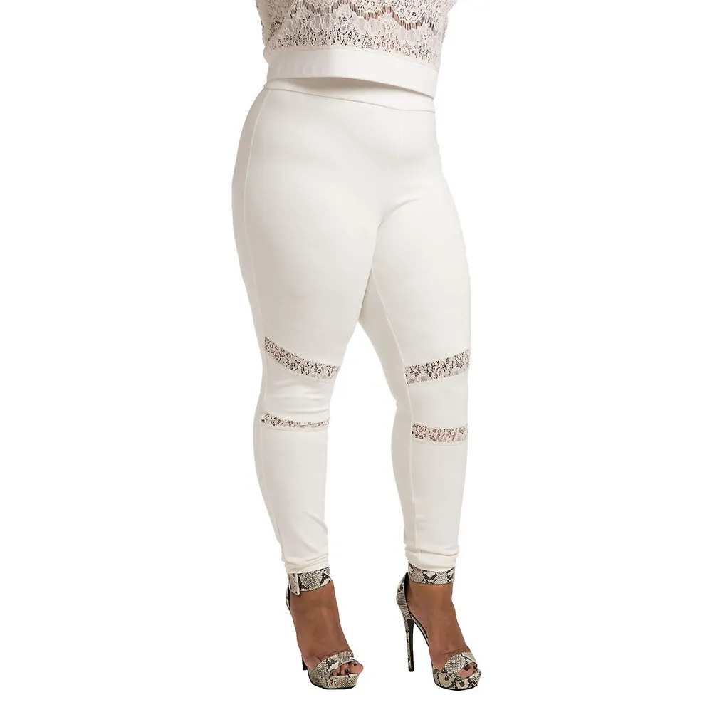 Poetic Justice Plus Curvy Women's Ivory Lace Insets Pull On Ponte Legging