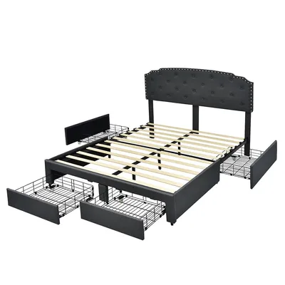 Full/queen Platform Bed Frame With 4 Storage Drawers Adjustable Headboard Grey