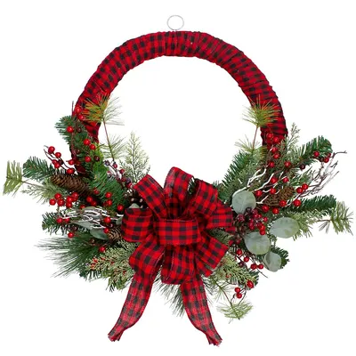Red And Black Buffalo Plaid And Berry Artificial Christmas Wreath - 24-inch, Unlit