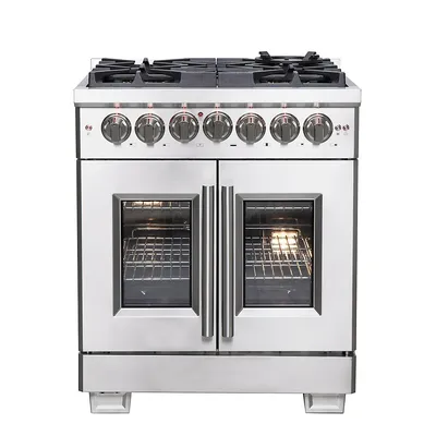 Capriasca Dual Fuel 30" Inch. Freestanding French Door Range 5 Burners Cooktop And 4.32 Cu.ft. Electric Convection Oven - Stainless Steel Stove Range Heavy Duty Cast Iron Grates - FFSGS6387-30