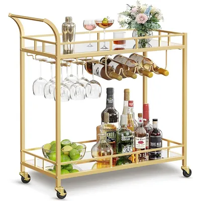 Tempered Glass Gold Bar Serving Cart With Mirrored Shelves And Bottle Holders