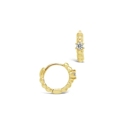 14k Gold Bead & Diamond Huggie Hoop Earrings