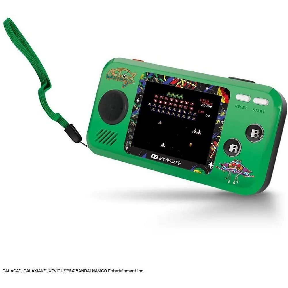 Pocket Player Handheld Game Console: 3 Built In Games, Galaga, Galaxian, Xevious, Collectible, Full Color Display, Speaker, Volume Controls, Headphone Jack, Battery Or Micro Usb Powered