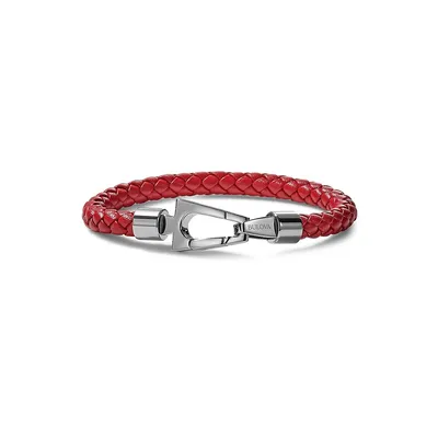 Bracelet en acier inoxydable et cuir rouge tressé Marine Star