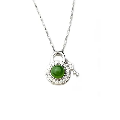 Natural Jade Love Lock Pendant And 18k Plated Sterling Silver 925 Necklace