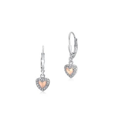 Sterling Silver 925 Heart In Heart Dangle Leverback Earrings With Pave Cubic Zirconia
