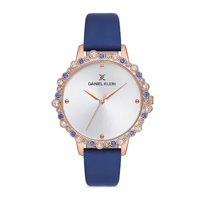 Womens 35mm Analog Watch, Leather Strap, Gemstone Bezel, Crystal Accented