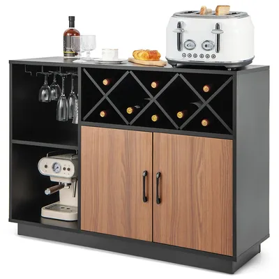 Industrial Wine Bar Cabinet Sideboard Buffet With Glass Holder & Adjustable Shelf