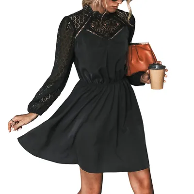 Women's Black Lace Trim Long Sleeve Mini Dress