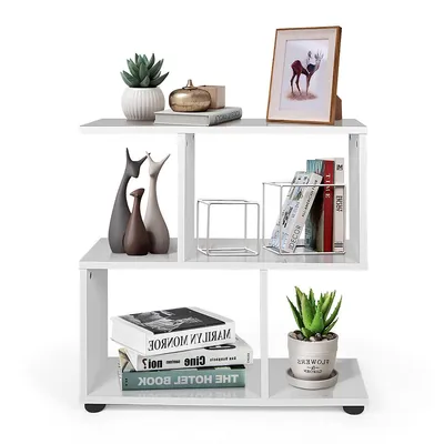 2-tier Bookshelf S Shaped Bookcase Storage Rack Display Shelf W/thick Foot Mats