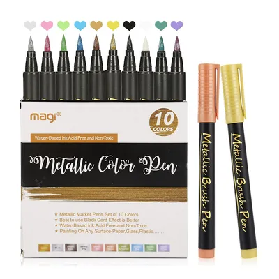 Metallic Marker Pens, 10 Assorted Colors, Fine Point Tip