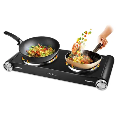 Electric Countertop Double Hot Plate, Double Burners Compatible for All Cookwares，900w+900w Stainless Steel Body - Black