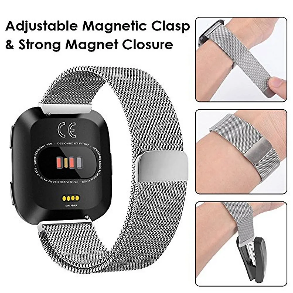 2pcs Milanese Stainless Magnetic Smart Watch Band WristBand For Fitbit Versa /2/Lite (Small,Silver)
