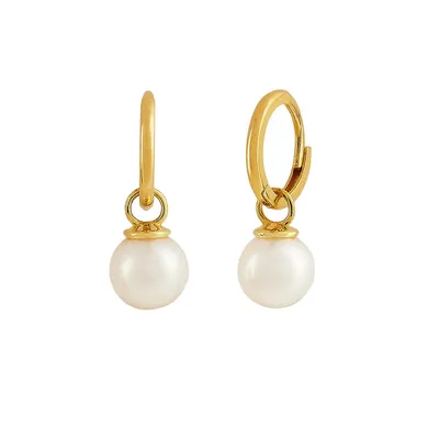 10k Gold Huggie Earrings With Pearl Charm Drop