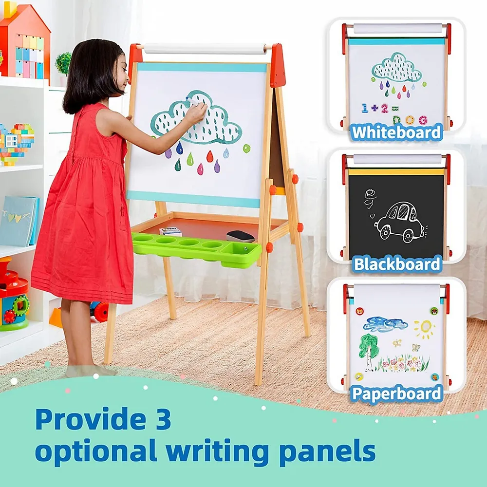 Wooden Easel For Kids - Adjustable Height Stand With Magnetic Whiteboard, Chalkboard, Paper Roll, Magnets, Drawing And Painting Accessories; Arts & Crafts Toy For 3 Year Old +