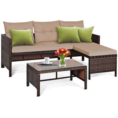 3pcs Patio Wicker Rattan Sofa Set Outdoor Sectional Conversation Set Garden Lawn