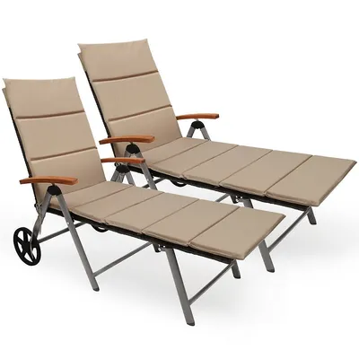 2 Pcs Folding Patio Rattan Lounge Chair Chaise Cushioned Aluminum Adjust Wheel
