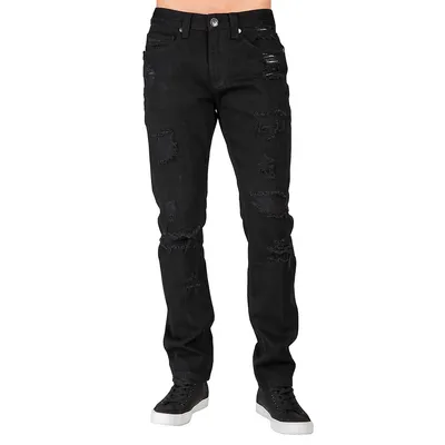 Men's Premium Jeans Overdyed Black Slim Tapered Leg Mended Broken Holes