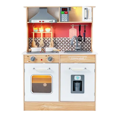 Wooden Kitchen Playset Multi-functional Pretend Cooking Set W/ Lights & Sounds