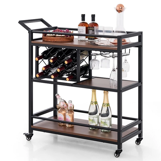 3-tier Bar Cart On Wheels Home Kitchen Serving With Wine Rack & Glass Holder