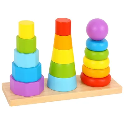 Wooden Geometric Stacking Toy - 17pcs - 3 Towers Stacker, Ages 18m+