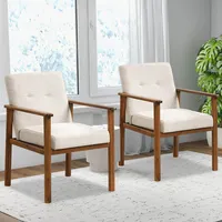 Modern Accent Chair Upholstered Linen Fabric Armchair With Solid Wood Legs