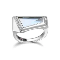 Rhodium-plated Sterling Silver Synthetic Blue Topaz & Genuine Mother Of Pearl Doublet Cubic Zirconia Ring