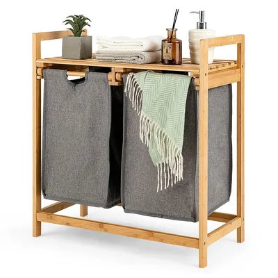 Bamboo Laundry Hamper W/dual Compartments Laundry Sorter W/sliding Bags & Shelf