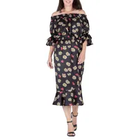 Floral Print Off-shoulder High-end Satin Midi Dress