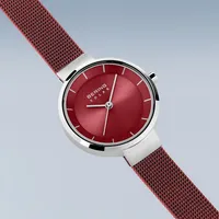 Ladies Solar Stainless Steel Watch In Silver/red