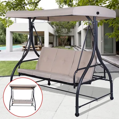 Costway Converting Outdoor Swing Canopy Hammock 3 Seats Patio Deck Furniture Beige