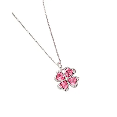 Silver Tone Pink Heritage Precision Cut Crystal Clover Pendant Necklace