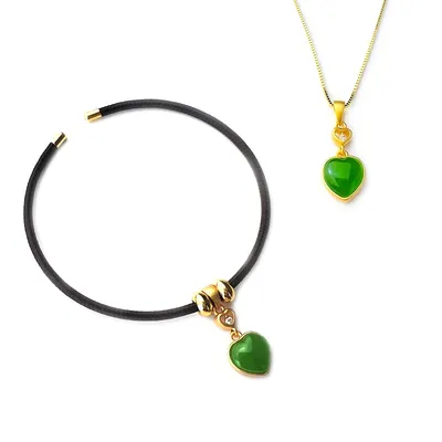 Natural Jade Love Heart Bracelet Pendant Dual Use With 18k Gold Plated Sterling Silver 925 Necklace