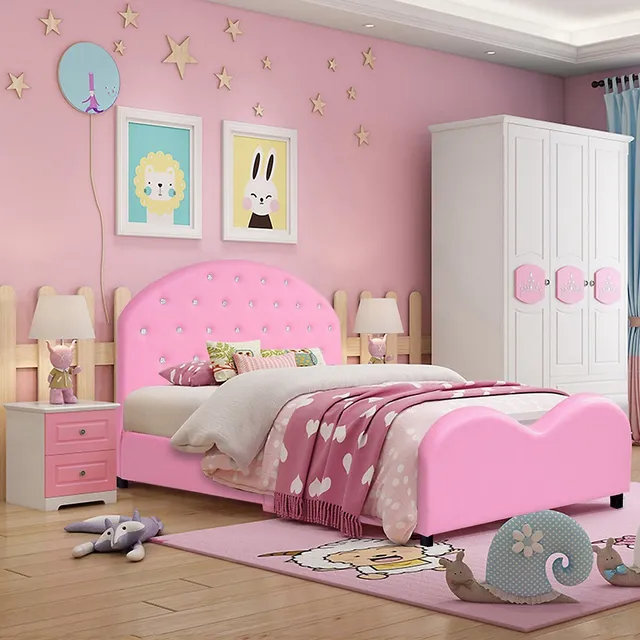 Costway Kids Children Pu Upholstered Platform Wooden Princess Bed