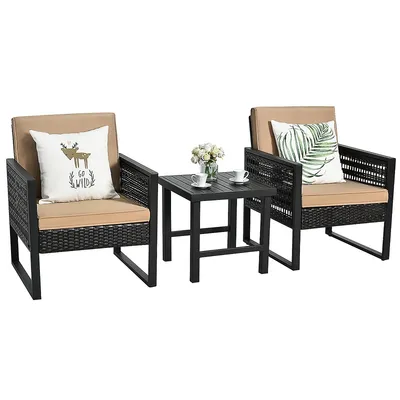 3pcs Patio Rattan Bistro Furniture Set Cushioned Sofa Chair Coffee Table Garden