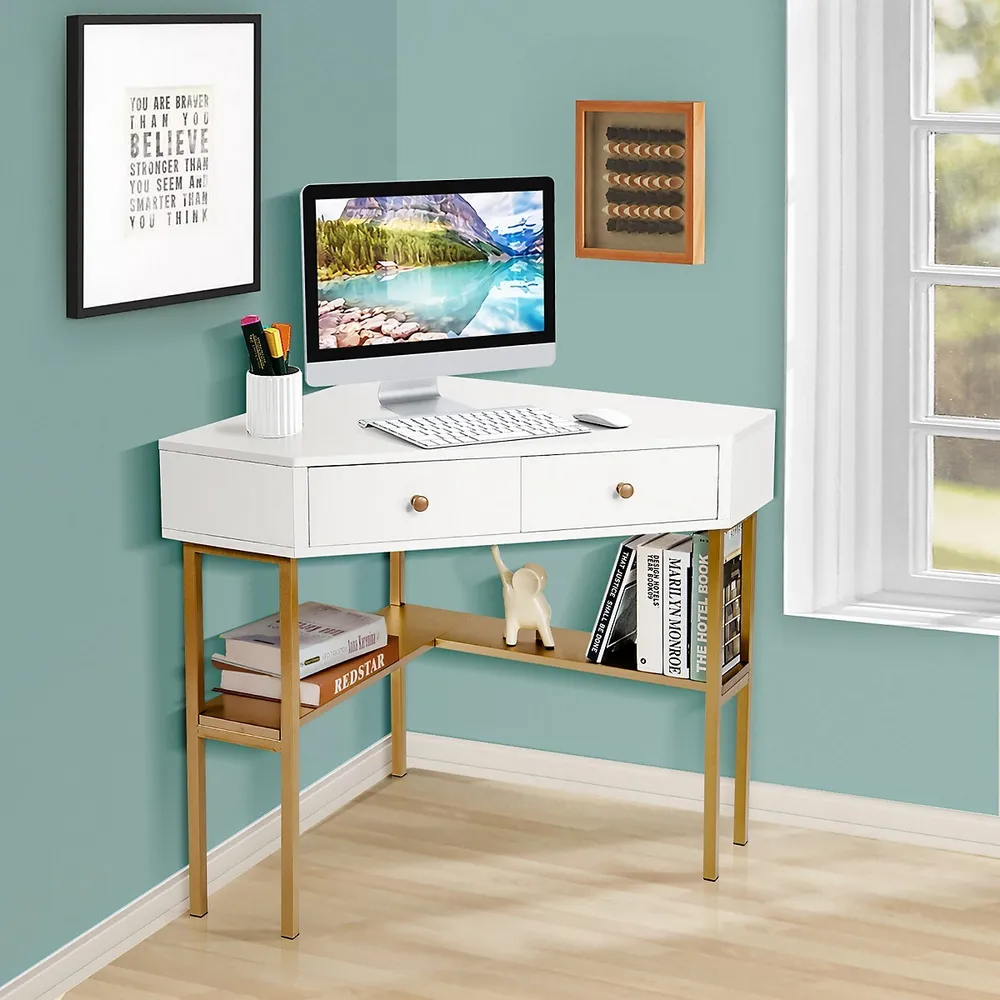 Tangkula White Corner Desk with Hutch, 90 Degrees Triangle Computer Desk  with Keyboard Tray & Bookshelves for Small Space, Space Saving Writing Desk